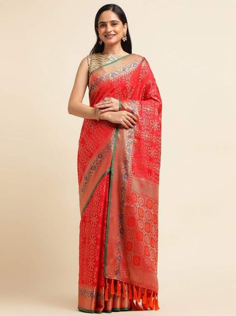 fabmora red woven saree with unstitched blouse