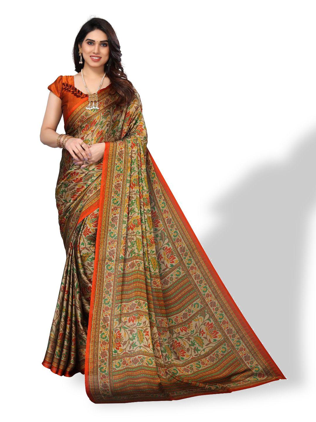 fabmora rust & green floral poly chiffon saree