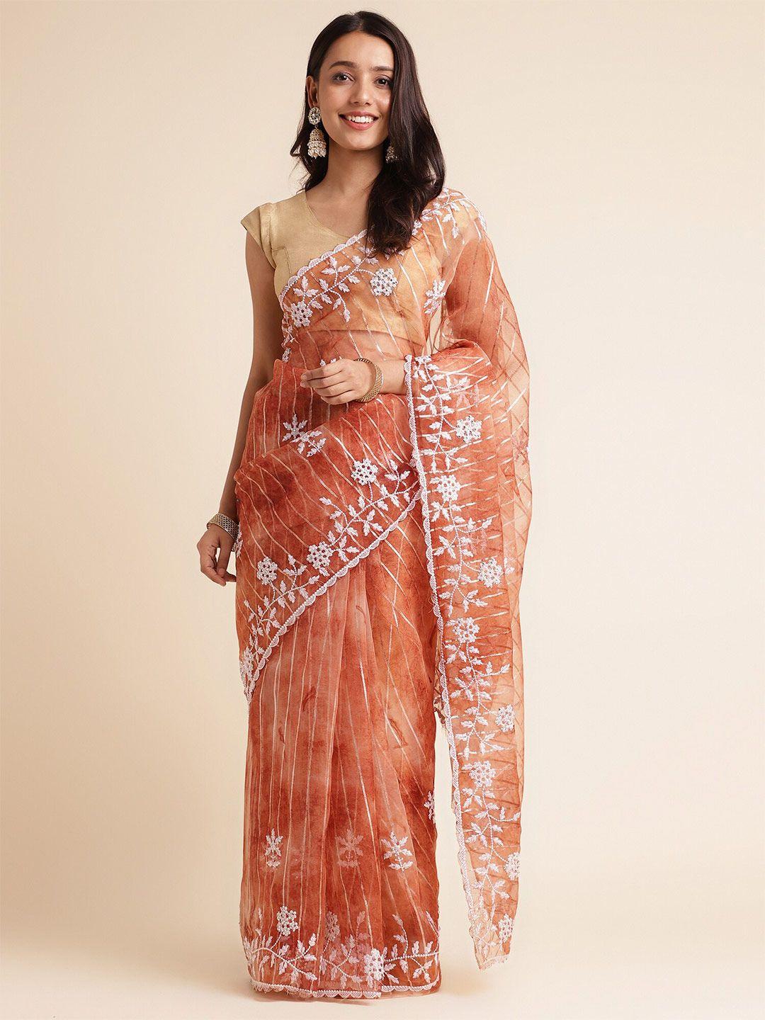 fabmora rust embellished embroidered organza designer saree