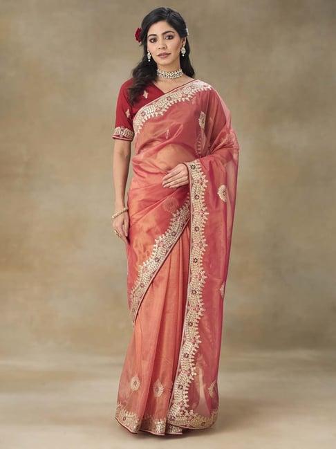 fabmora rust embroidered saree with blouse