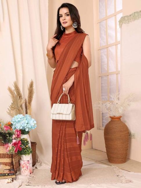 fabmora rust striped saree with unstitched blouse