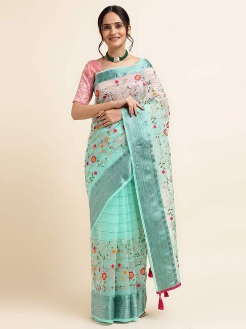 fabmora sea green embroidered saree with unstitched blouse