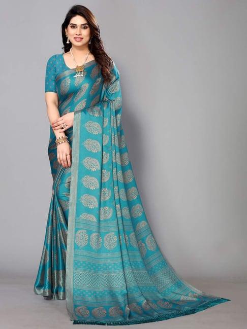 fabmora teal blue floral print saree with unstitched blouse