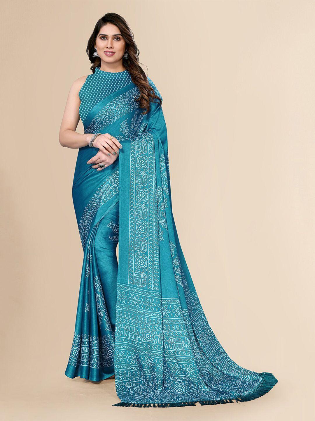 fabmora turquoise blue & white bandhani pure chiffon saree