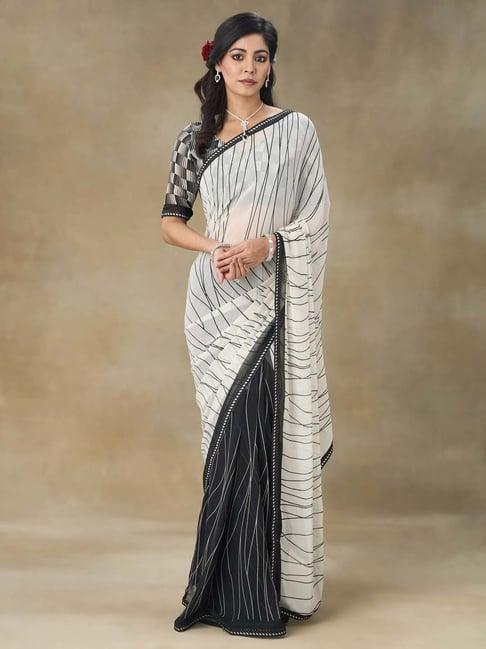 fabmora white & black printed saree with blouse