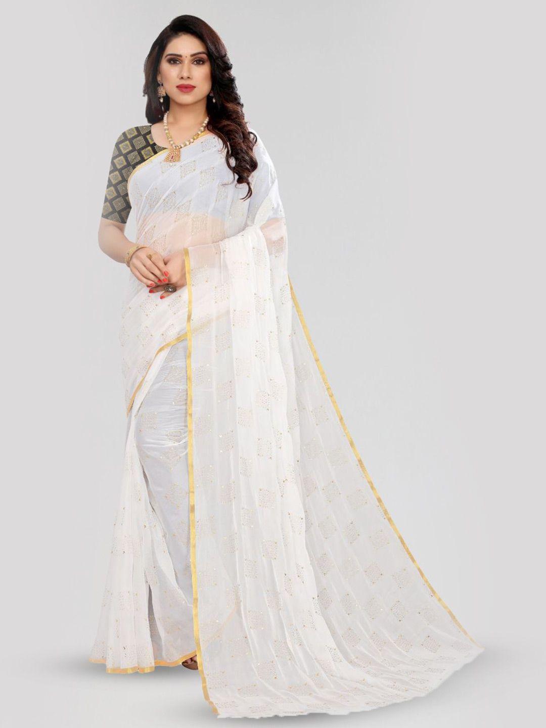 fabmora white & gold-toned ethnic motifs poly chiffon saree