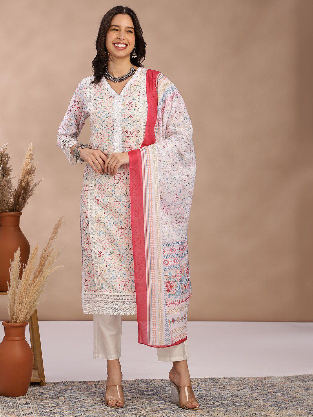 fabmora women embroidered regular pure cotton kurta with trousers & with dupatta