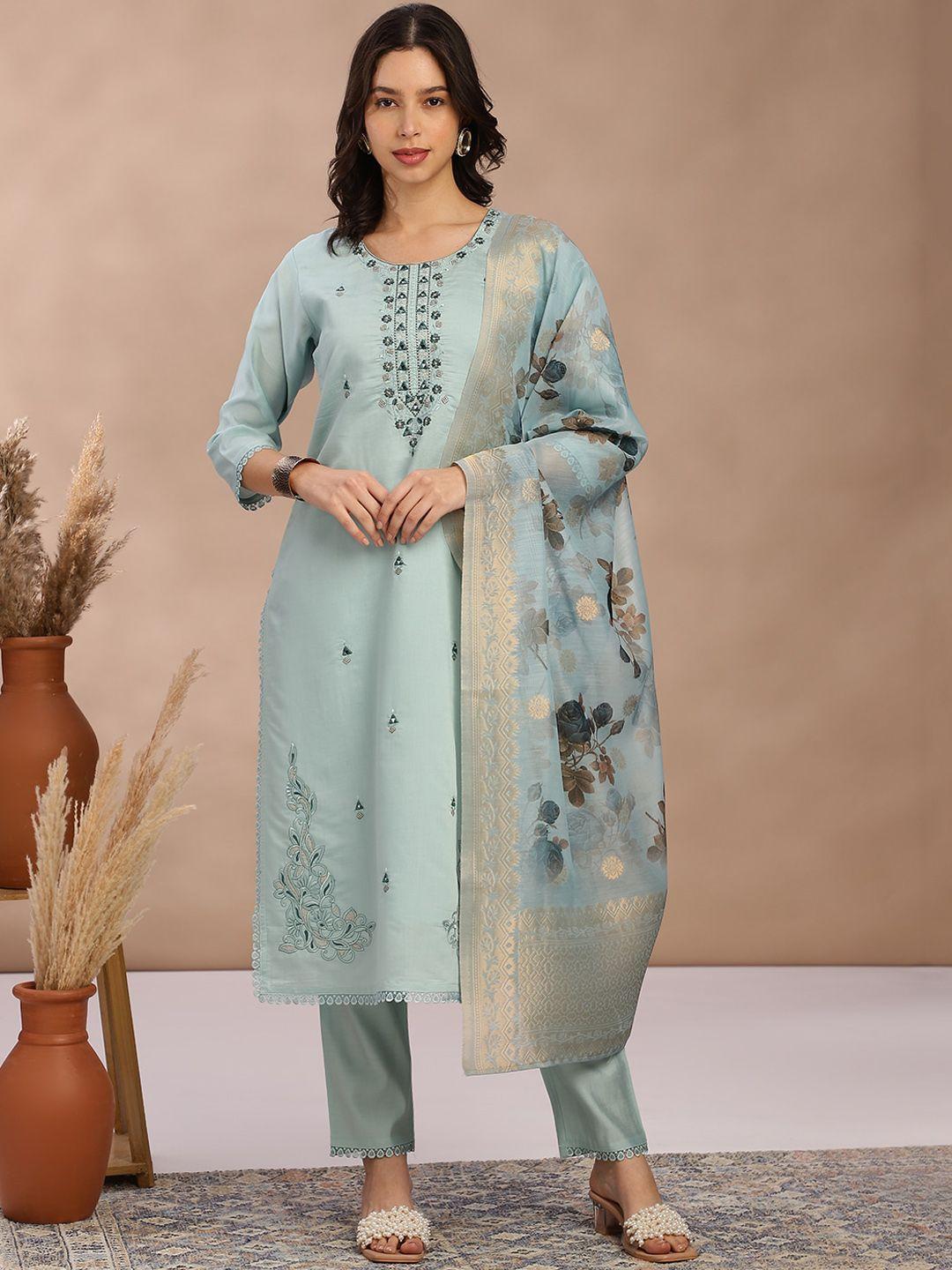 fabmora women ethnic motifs embroidered regular mirror work pure silk kurta with trousers & with dupatta