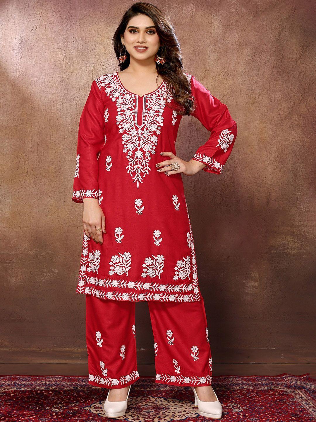 fabmora women floral embroidered regular chikankari kurta with palazzos