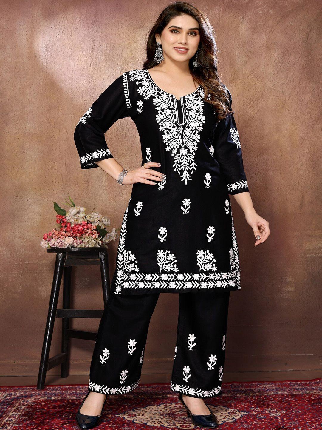 fabmora women floral embroidered regular chikankari kurta with palazzos