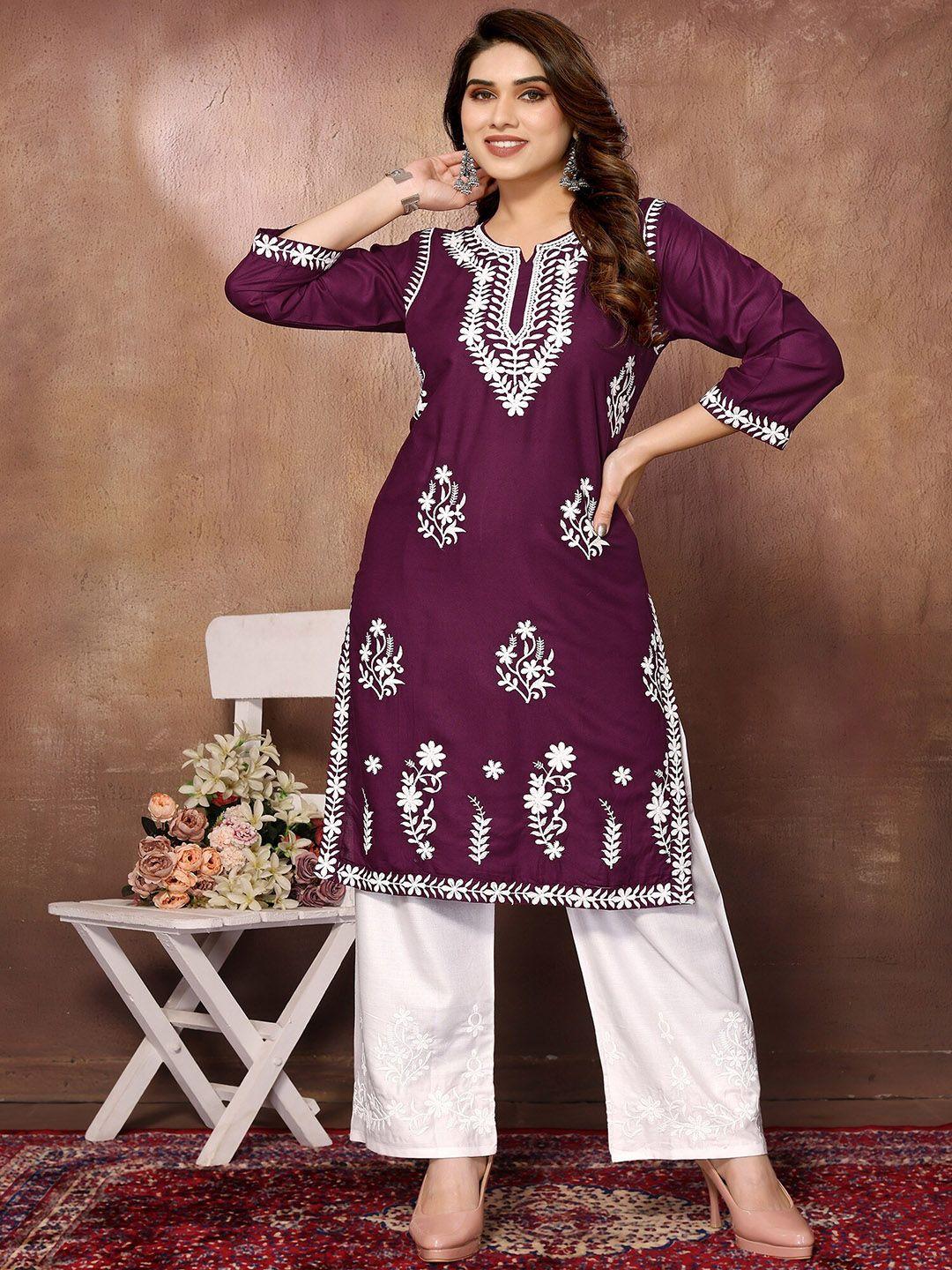 fabmora women floral embroidered regular chikankari kurta with palazzos