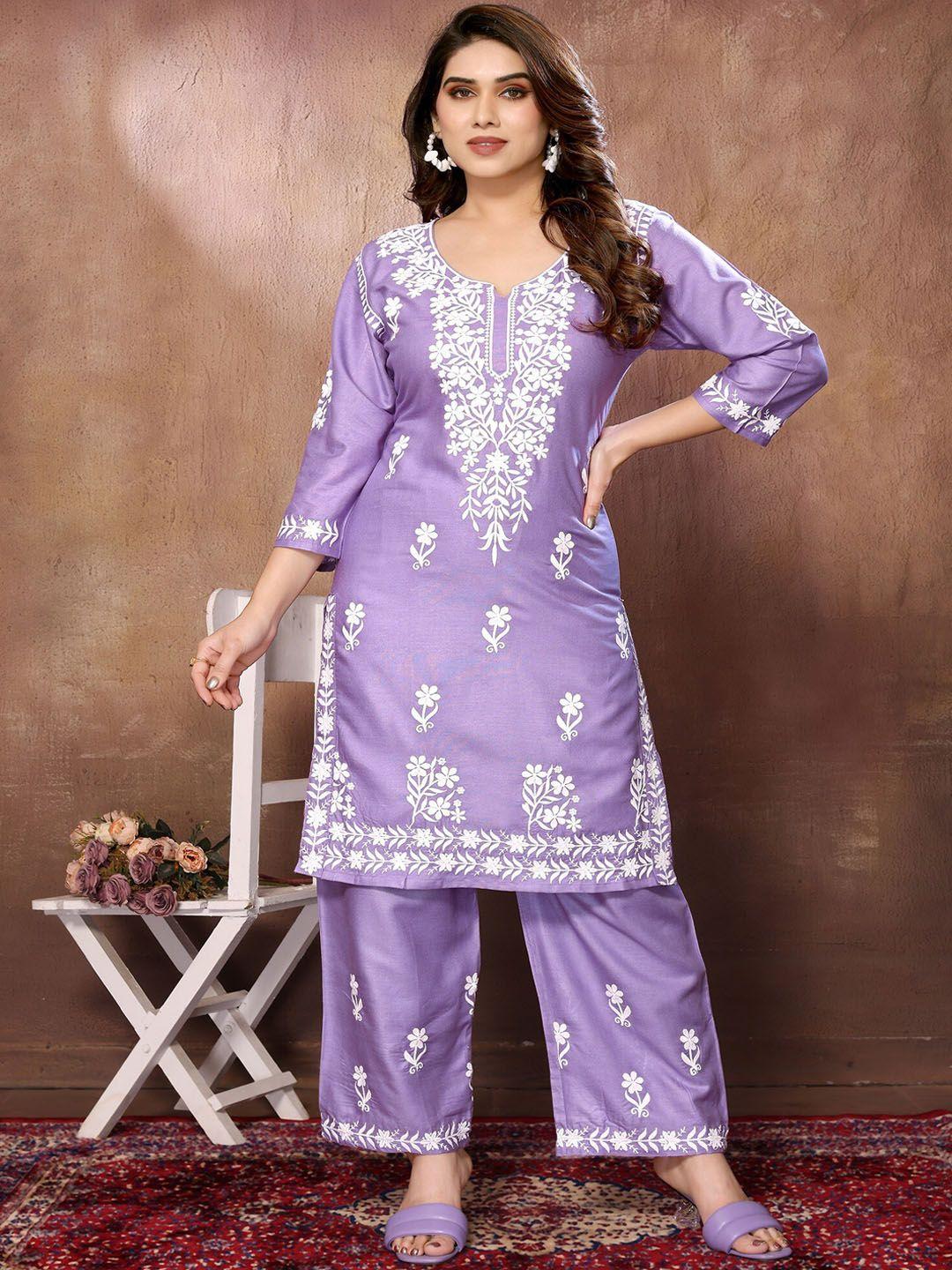 fabmora women floral embroidered regular chikankari kurta with palazzos