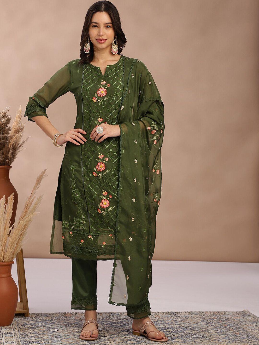 fabmora women floral embroidered regular kurta with trousers & with dupatta