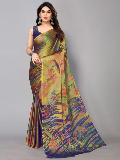 fabmora yellow & blue floral print saree with unstitched blouse