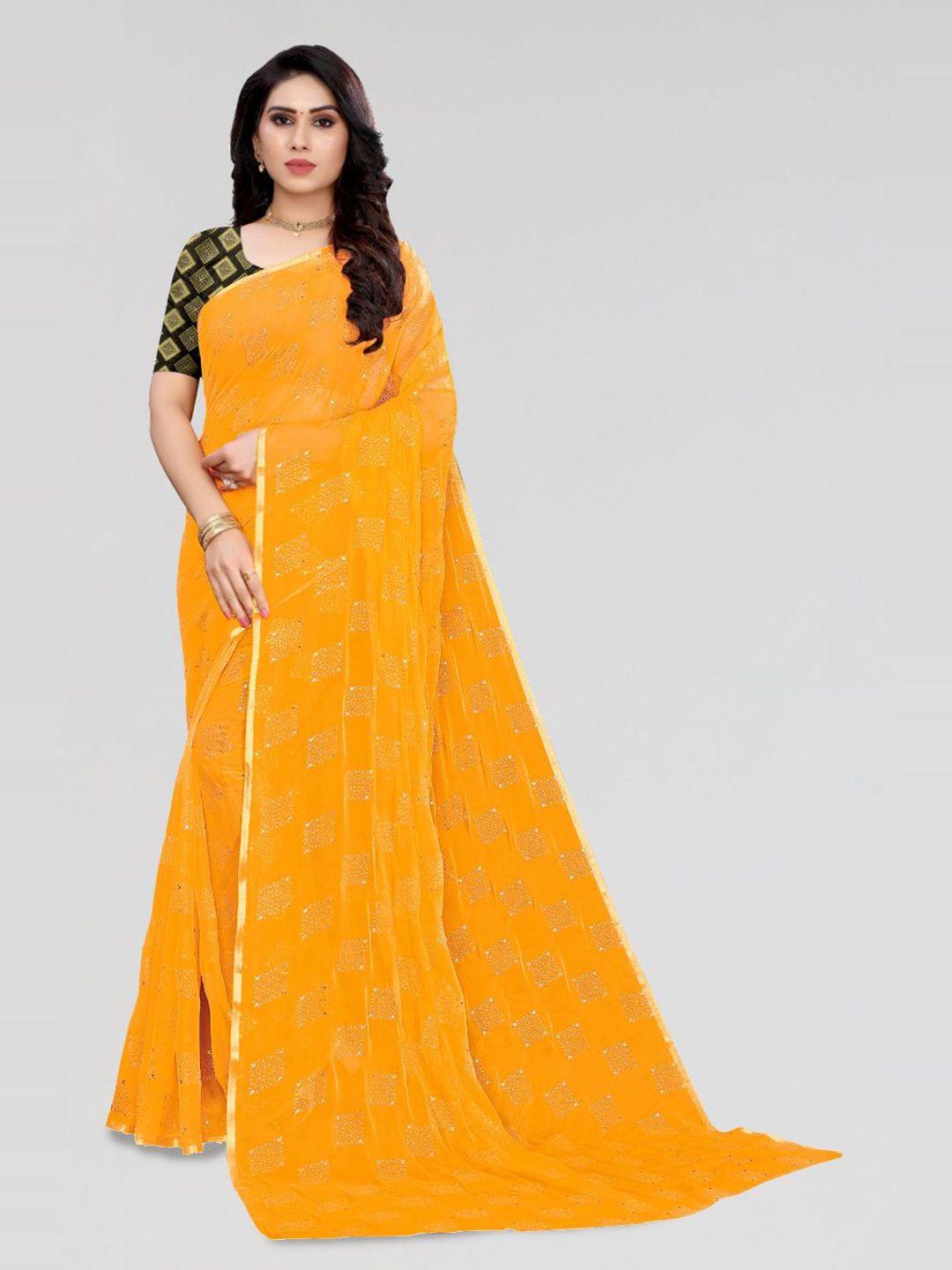 fabmora yellow & gold-toned ethnic motifs poly chiffon saree