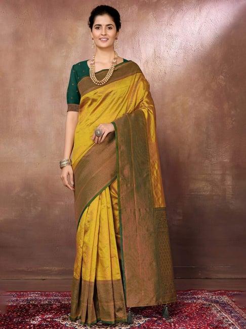 fabmora yellow & green woven saree with unstitched blouse