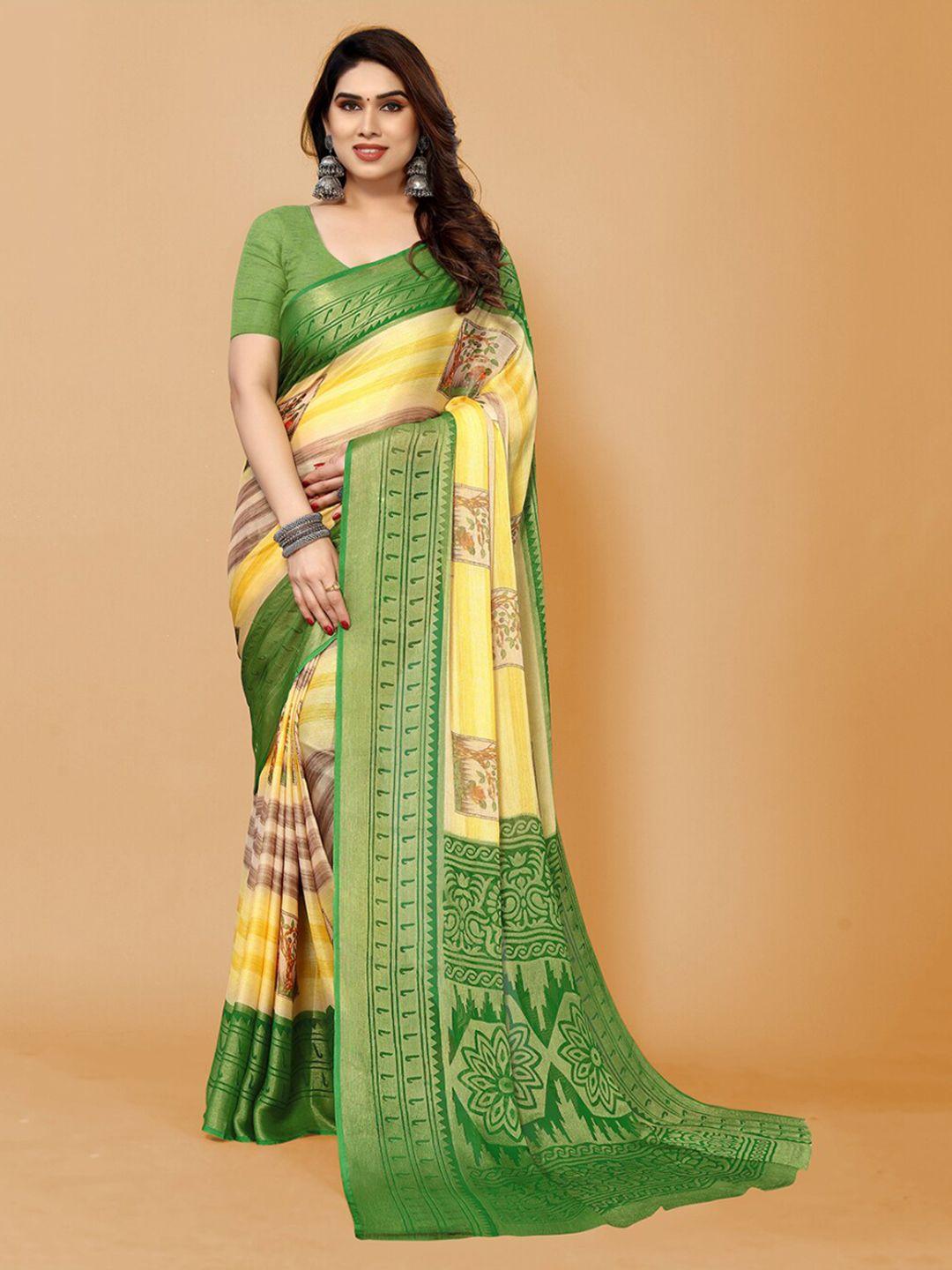 fabmora yellow & green zari poly chiffon saree