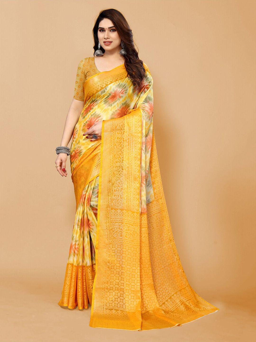 fabmora yellow & grey zari poly chiffon saree