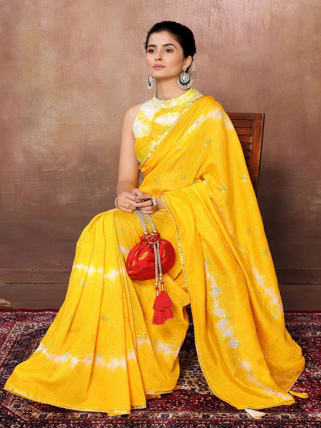 fabmora yellow & white embroidered chanderi saree