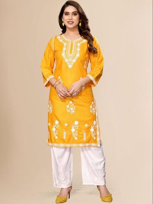 fabmora yellow & white embroidered kurta palazzo set