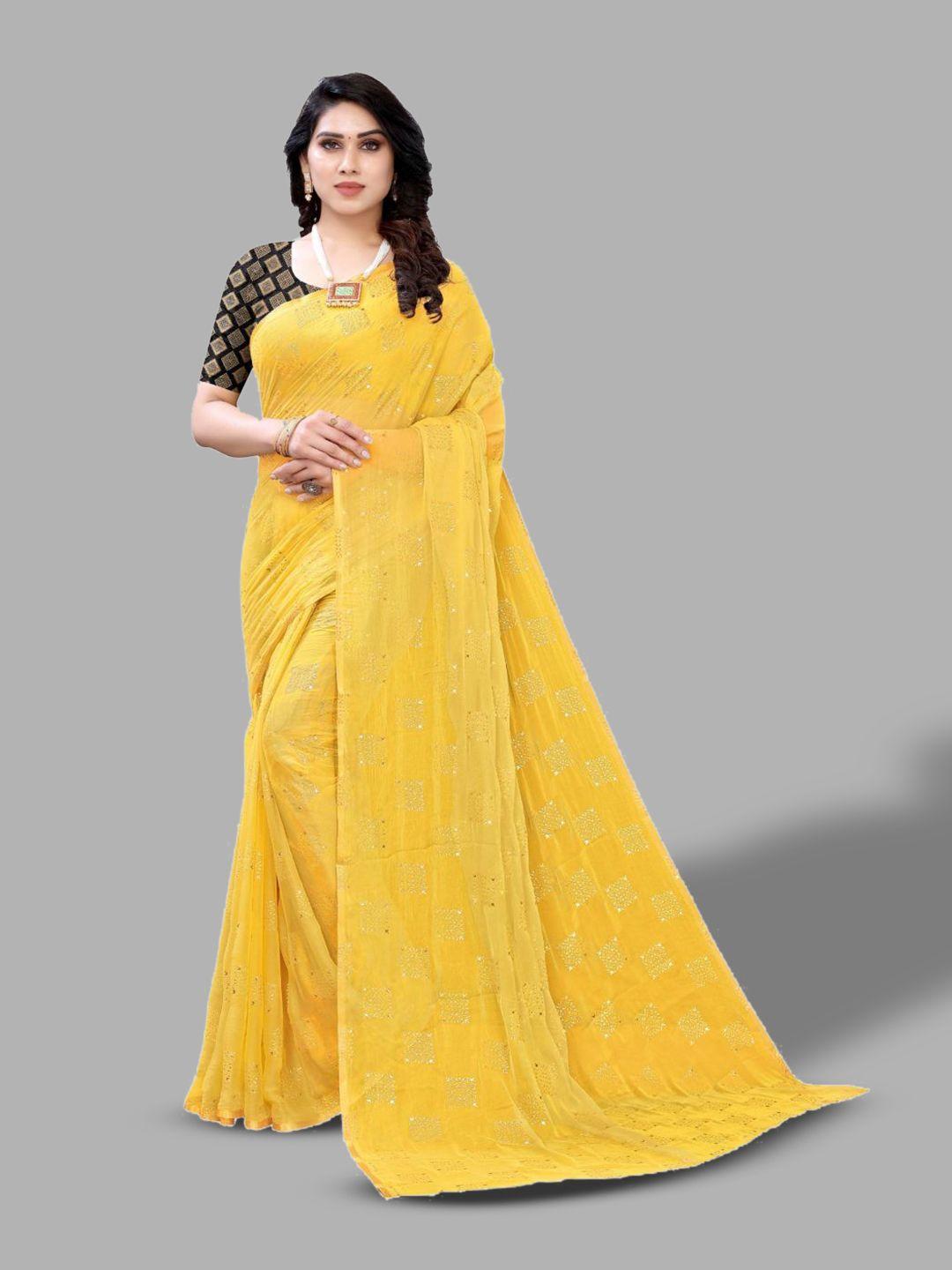 fabmora yellow & white ethnic motifs poly chiffon saree