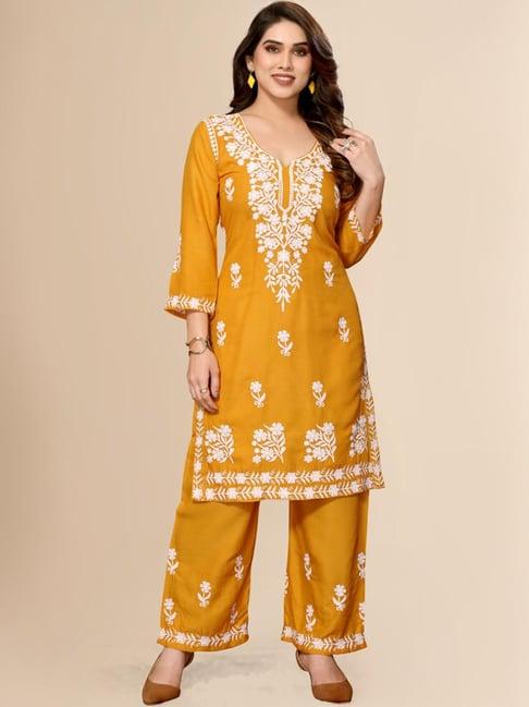 fabmora yellow embroidered kurta palazzo set