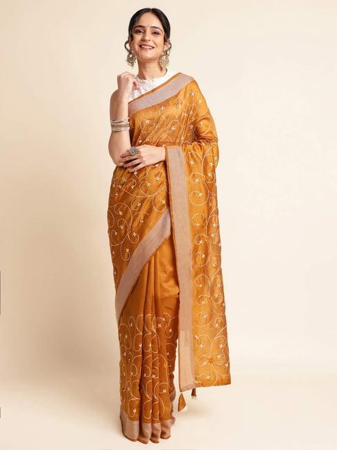 fabmora yellow embroidered saree with unstitched blouse