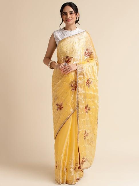 fabmora yellow embroidered saree with unstitched blouse