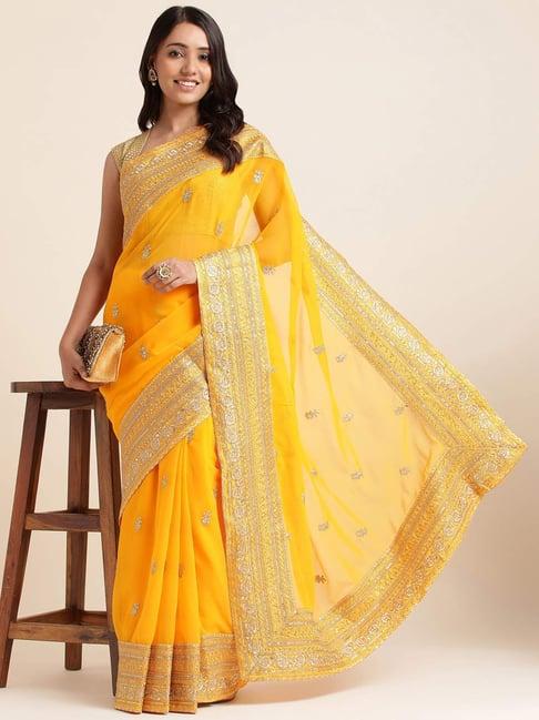 fabmora yellow embroidered saree with unstitched blouse