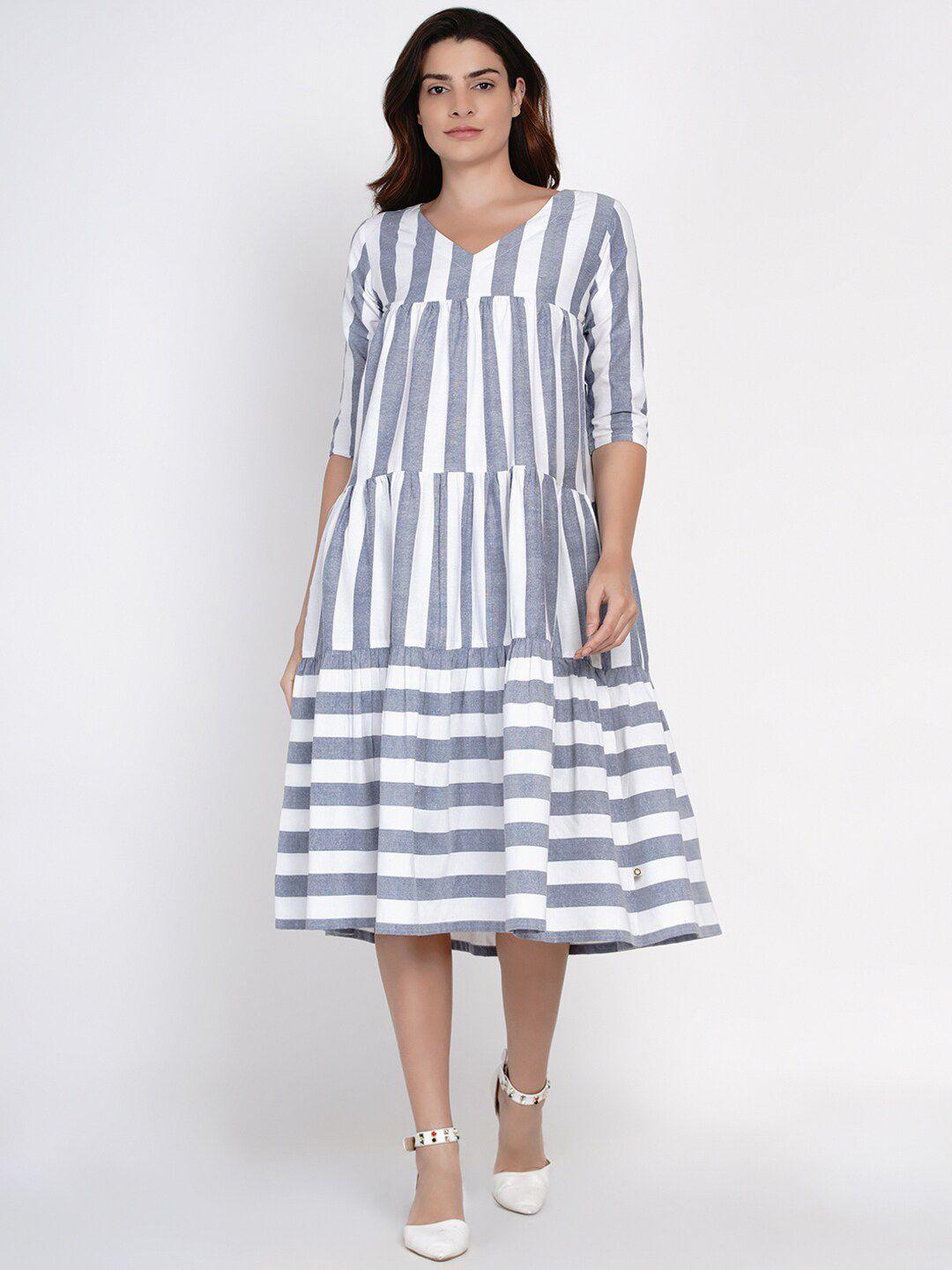 fabnest blue striped a-line midi dress