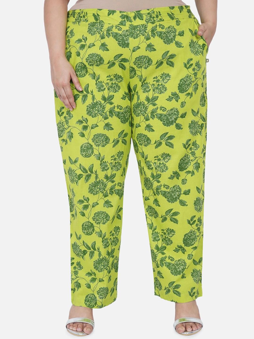 fabnest curve women plus size green printed relaxed cotton trousers