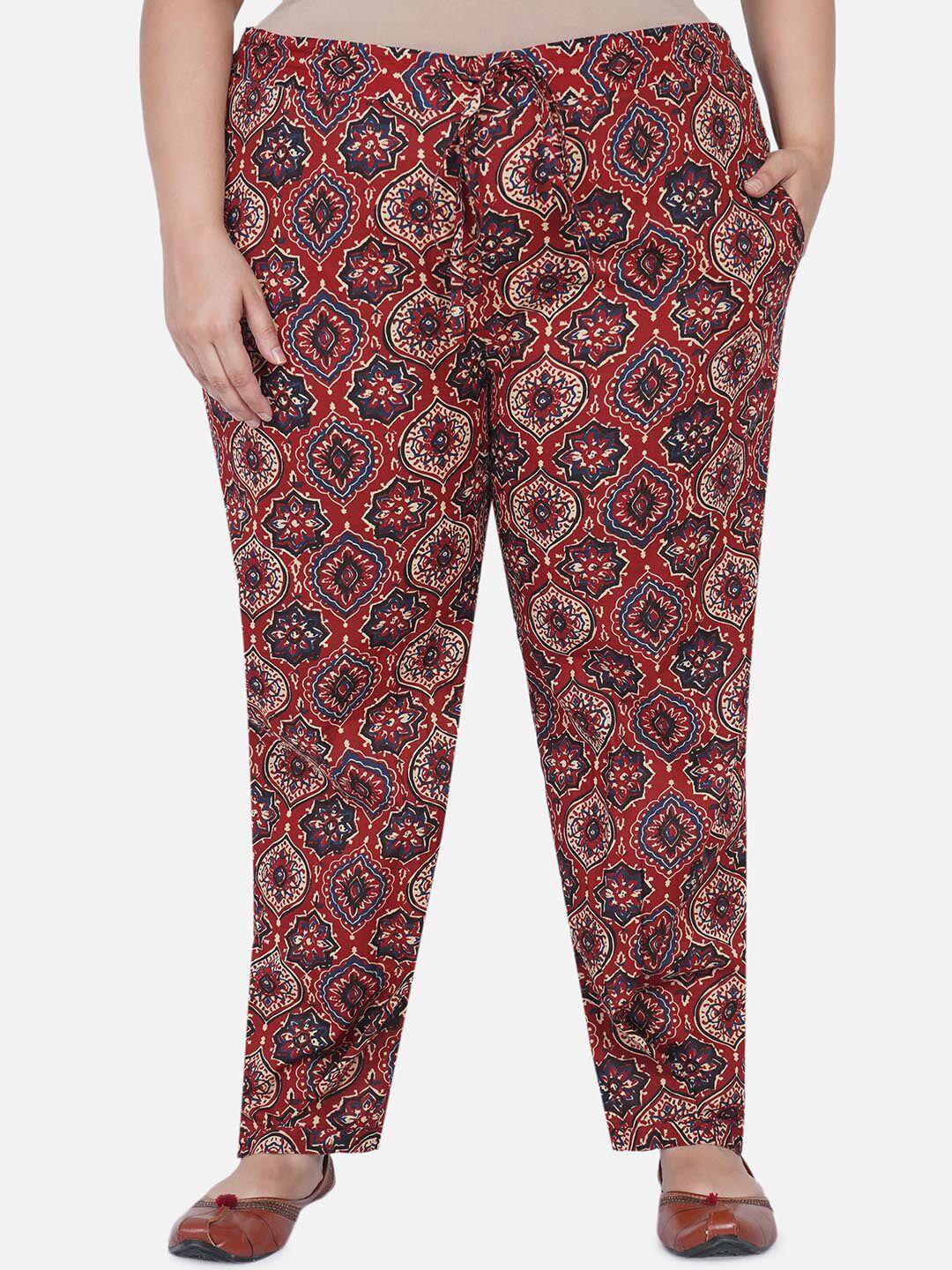 fabnest curve women plus size red ethnic motifs printed relaxed trousers