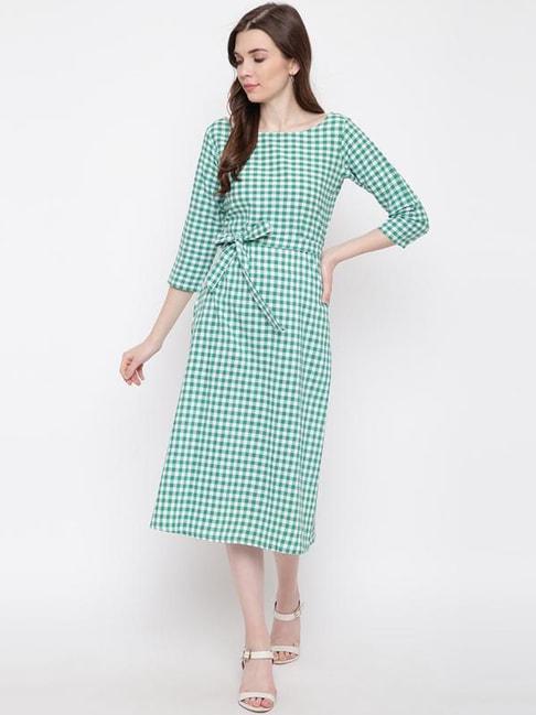 fabnest green & white cotton chequered a-line dress