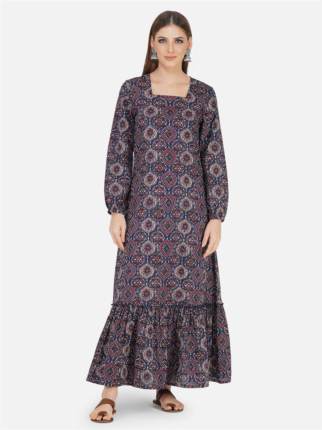 fabnest navy blue & multicoloured geometric print maxi dress