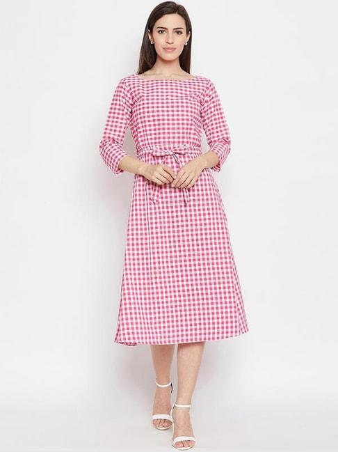 fabnest pink & white cotton chequered a-line dress
