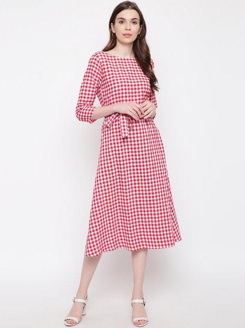 fabnest red & white cotton chequered a-line dress