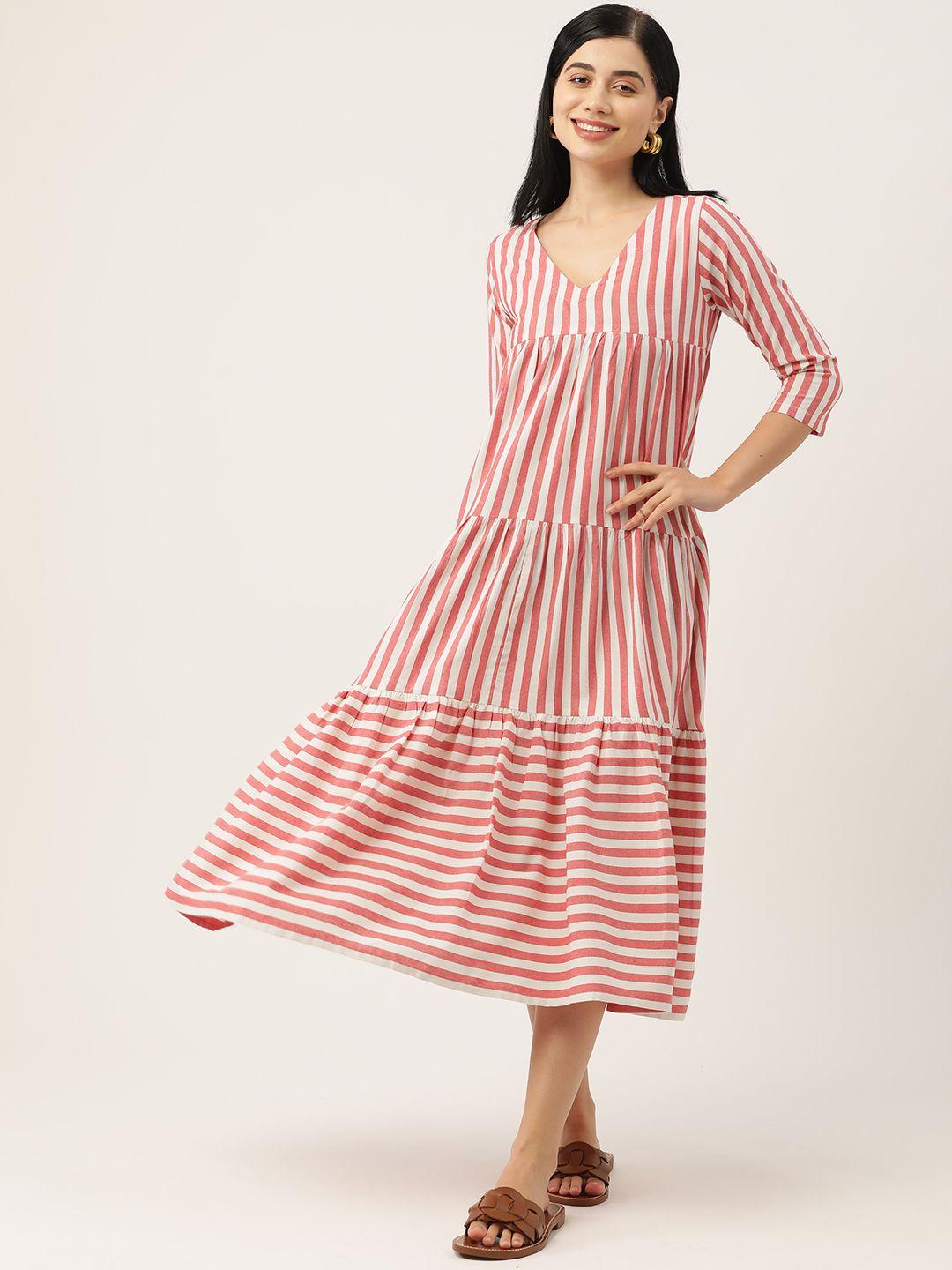 fabnest red & white striped a-line cotton midi dress