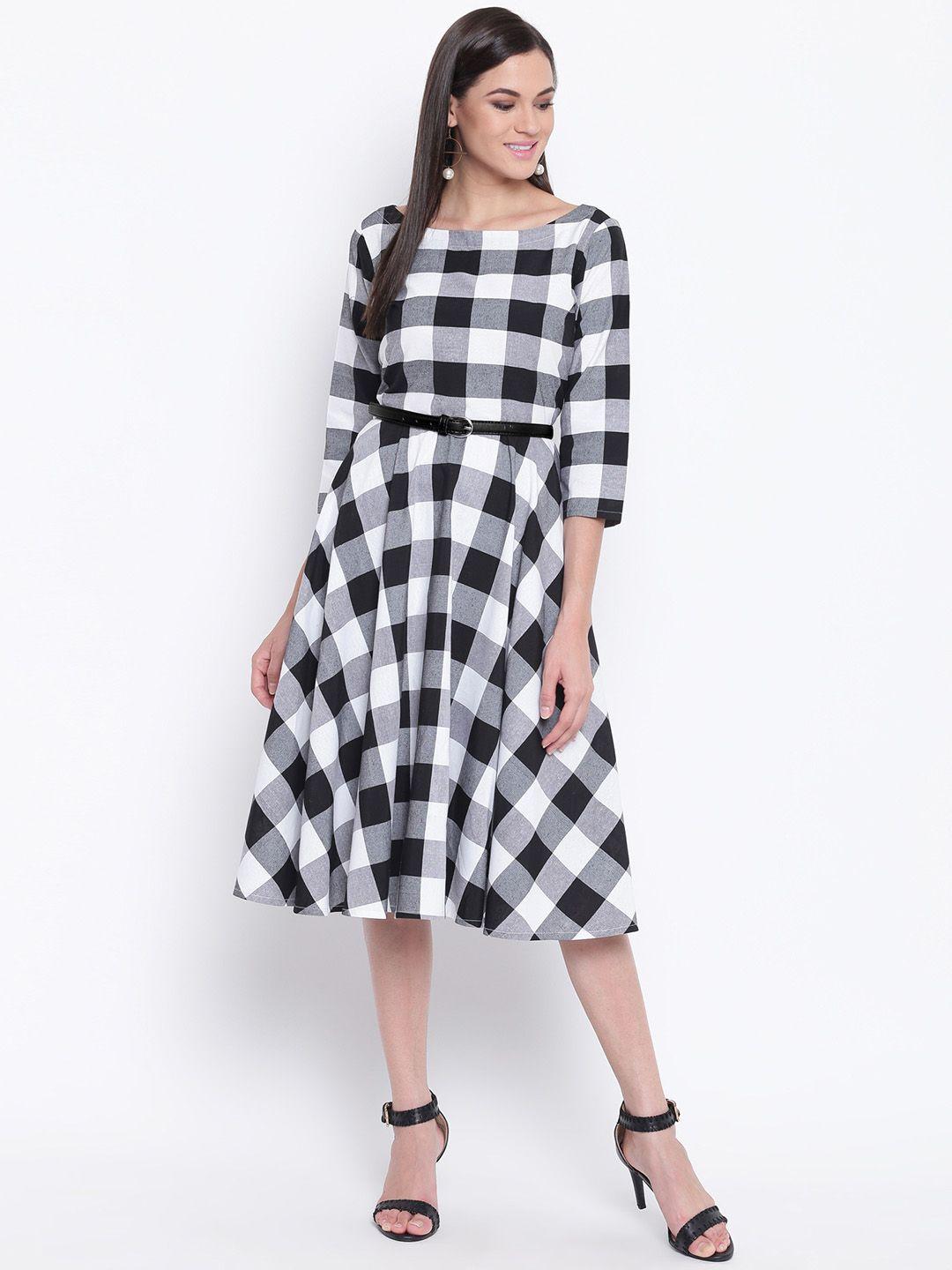 fabnest women black & white checked fit and flare dress