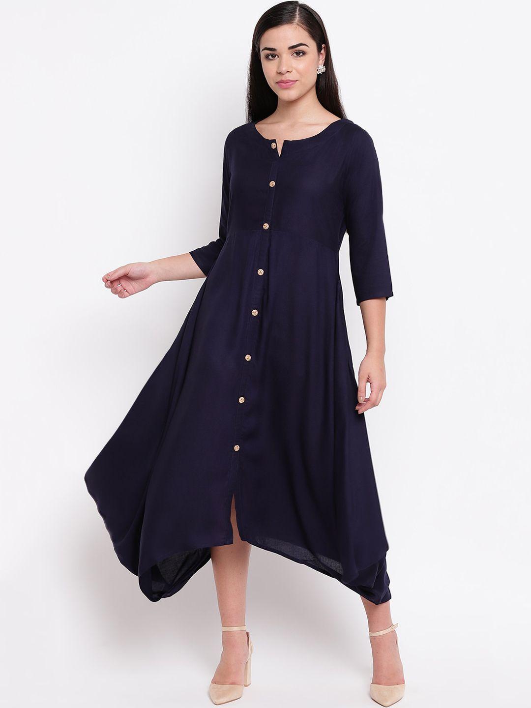 fabnest women navy blue solid a-line dress