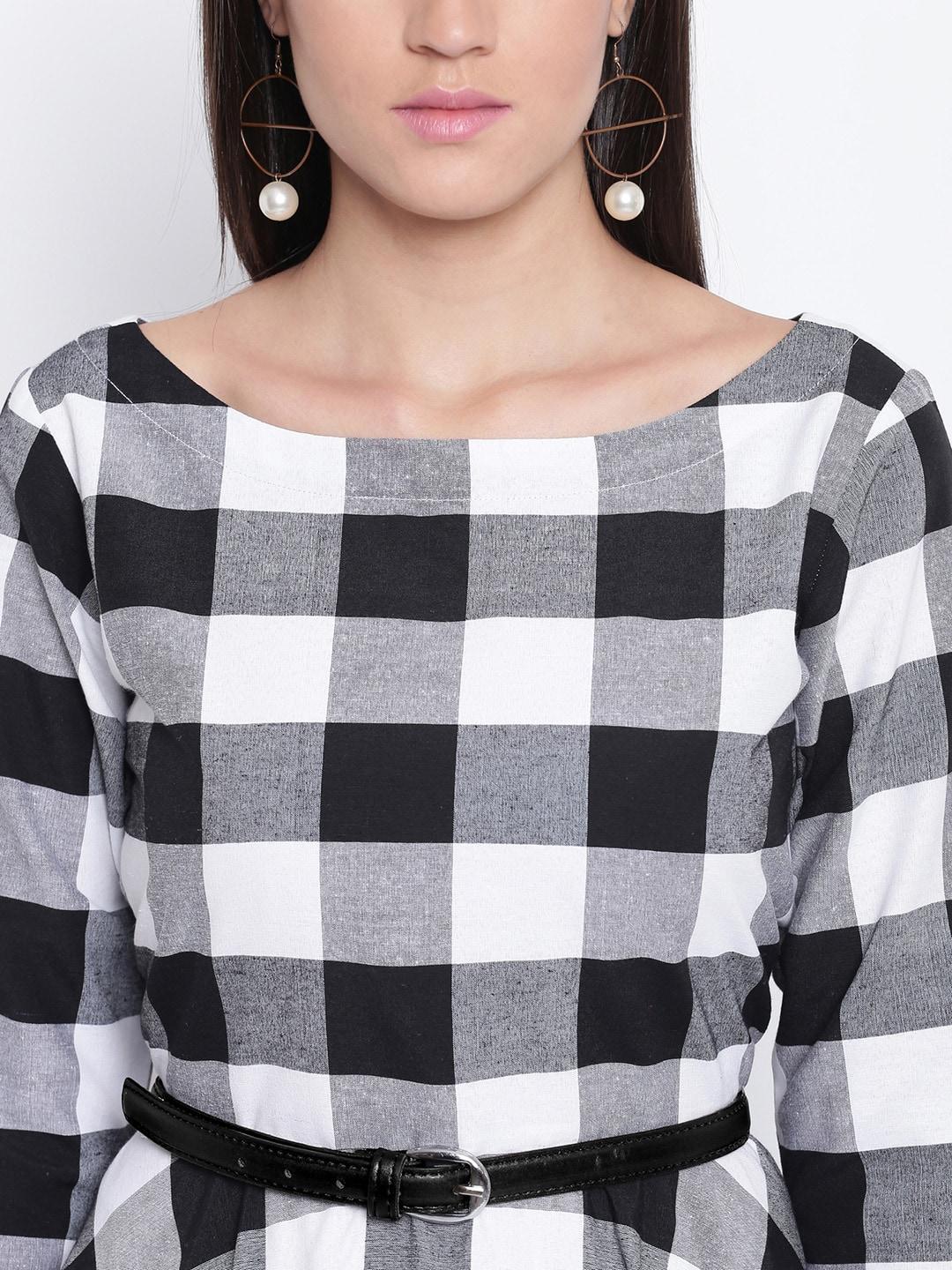 fabnest women white & black checked fit and flare dress