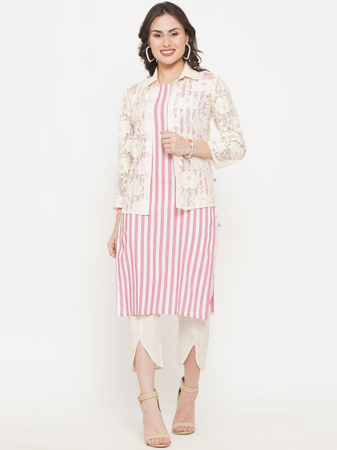 fabnest women white & pink striped straight kurta with jacket