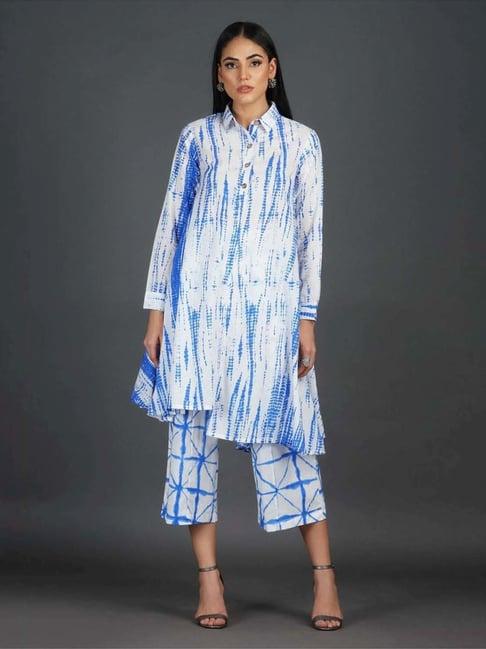 fabnest blue shibori print assymetrical kurta with straight pants