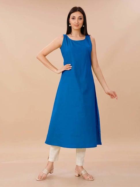 fabnest blue sleeveless cotton straight kurta with pant