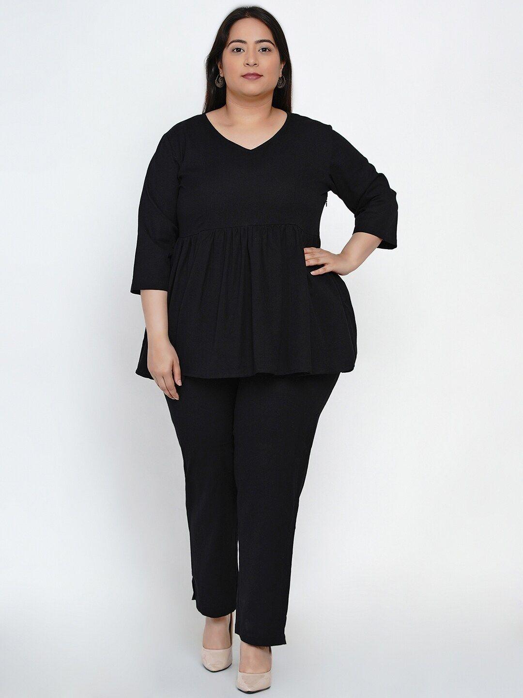 fabnest curve plus size women black solid top with trousers