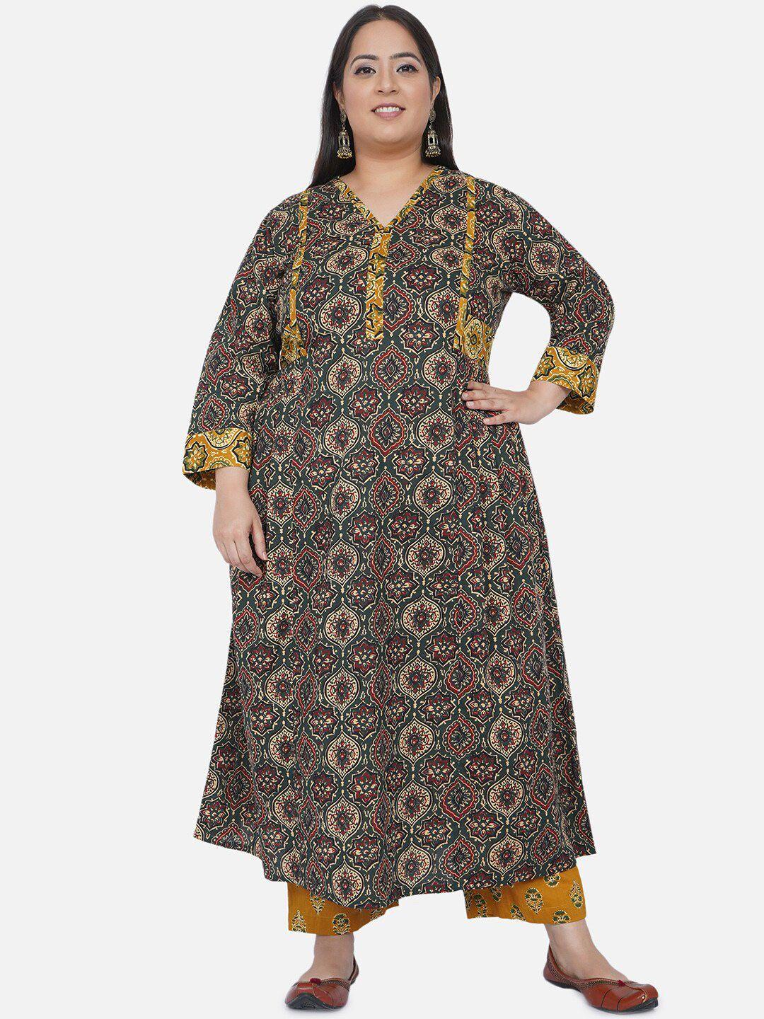fabnest curve plus size women green paisley printed pure cotton kurta with trousers