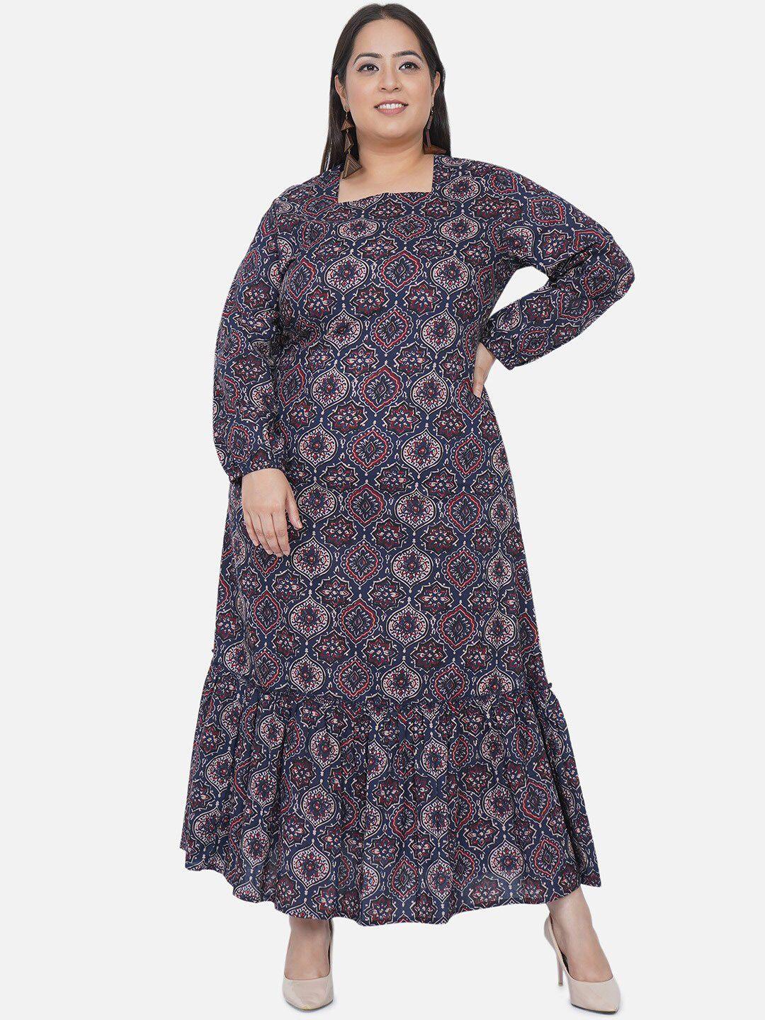 fabnest curve plus size women navy blue ethnic motifs maxi dress