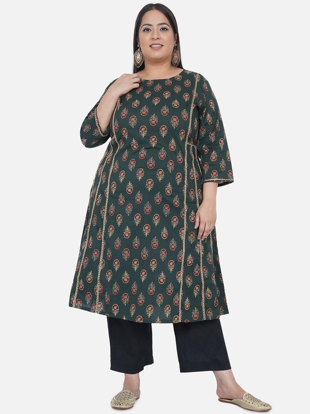 fabnest curve women green & red ethnic motifs printed kurta