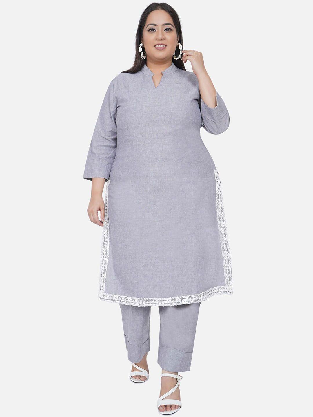 fabnest curve women grey striped thread work kurta