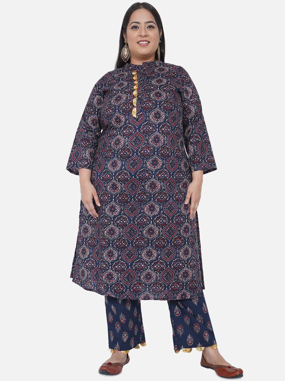 fabnest curve women navy blue & maroon ethnic motifs printed flared sleeves kurta