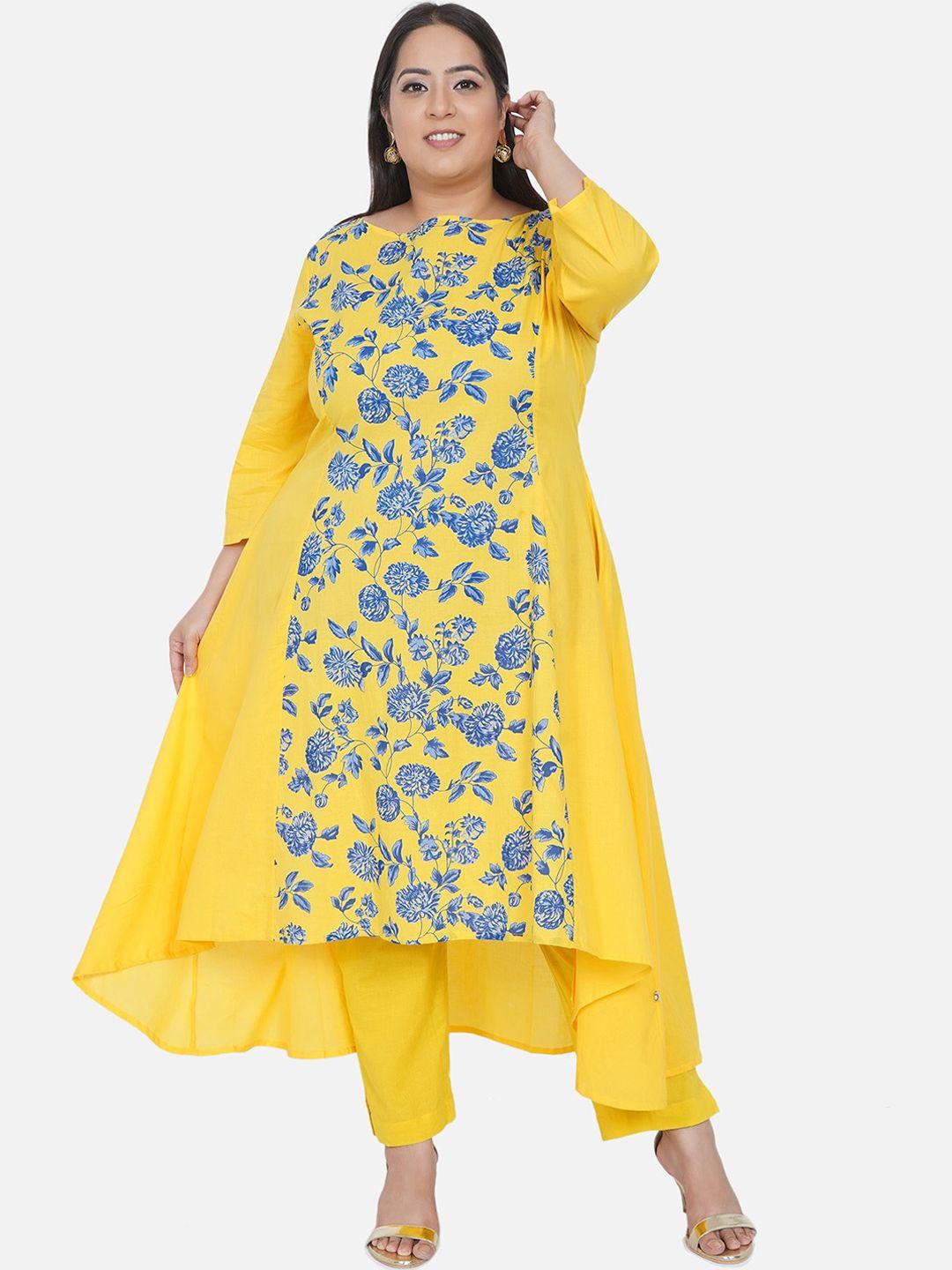 fabnest curve women plus size yellow floral printed pure cotton kurta with trousers